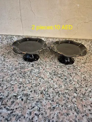 Set of 2 Small Glass Dessert Stands / Cake Plates - Black