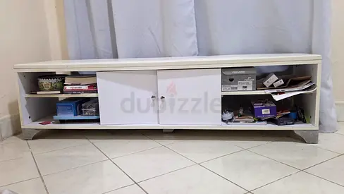 Low White TV Cabinet / Entertainment Unit - 2 Doors, Open Shelves