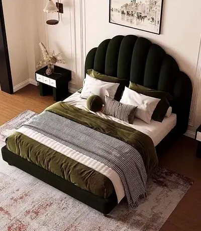 Modern emerald green upholstered bed with scalloped headboard - queen