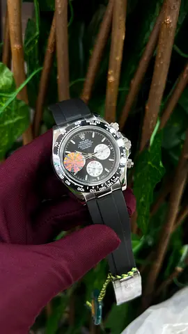 Rolex-style Chronograph Watch with Black Dial and Rubber Strap