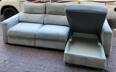 3-seater light grey fabric sofa with storage chaise - good condition