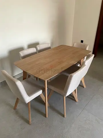 Solid Wood Dining Table with 6 Upholstered Chairs - Light Oak Finish