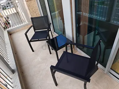 Set of 2 Outdoor Balcony Chairs with Side Table - Black Metal Frame