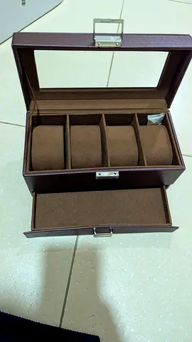 Brown Leather Watch and Jewelry Organizer Box with Glass Lid