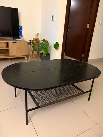 Black Oval Coffee Table with Lower Mesh Shelf - Good Condition