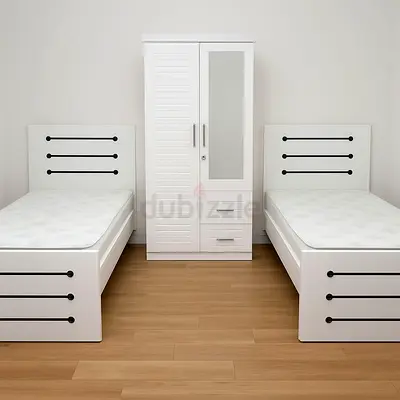 White Twin Beds with Matching Wardrobe - Set of 2 (Good quality