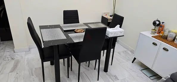 Black Glass Dining Table with 4 Leather Chairs - Good Condition