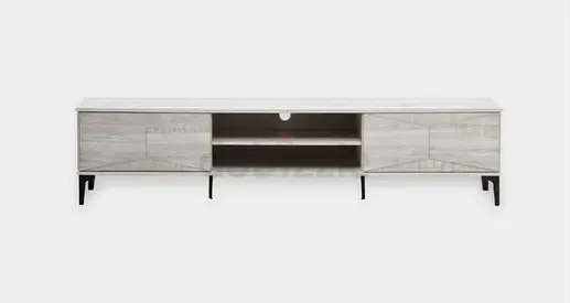 Long low wooden TV cabinet with storage - light grey finish
