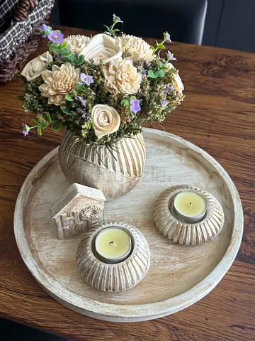 Wooden Rustic Decorative Tray with Candle Holders  Floral Arrangement