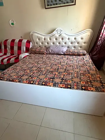 White Bed Frame with Tufted Headboard and mattress