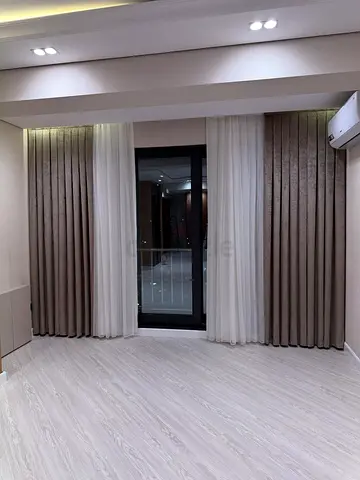 Floor-to-ceiling double-layer curtains (sheer + blackout) in neutral taupe — Brand New