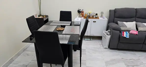 Black Glass Dining Table with 4 Leather Chairs - Good Condition