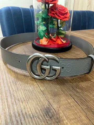 Authentic Grey Gucci GG Marmont embossed leather belt, featuring the brands signature Double G
