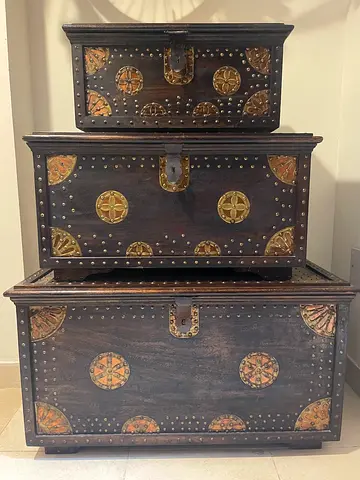 Decorative Wooden Storage Trunks with Brass Accents 3pcs