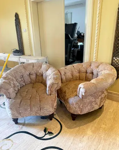 Pair of tufted upholstered round club chairs - beige damask