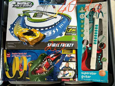 Assorted Kids Toys: Spiral Frenzy Race Track, Raptor Track Set  Toy Guitar - Good Condition