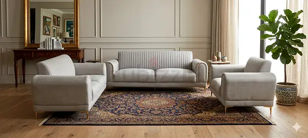 Light grey 3-piece living room sofa set with coordinating rug