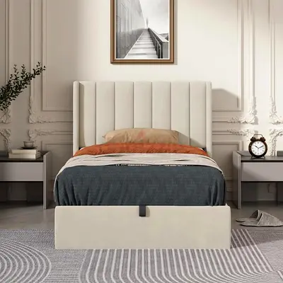 Beige Upholstered Single Bed with Headboard and Storage Drawer