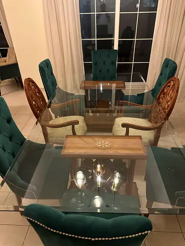 Glass Top Royal Dining Table with Carved 8 Wooden Chairs - Set of 8