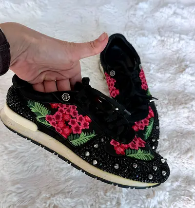 Black Floral Embellished Sneakers with Studs — Size 38