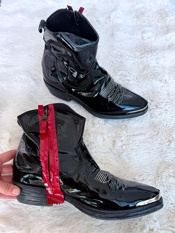 Black Patent Leather Ankle Boots with Red Zip Detail, Size Unspecified