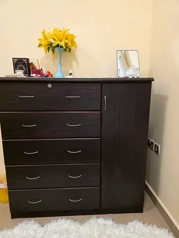 Dark Wood 5-Drawer Dresser with Side Cabinet - Good Condition