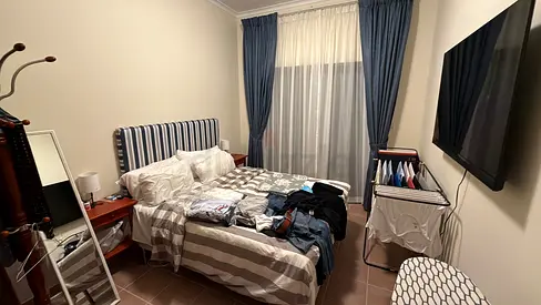 Queen bed frame with mattress and bedside tables - good condition