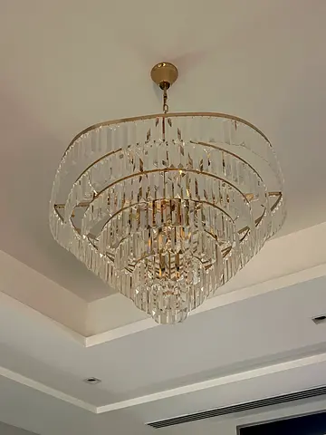 Large Crystal Tiered Chandelier - Gold Finish, Excellent Condition