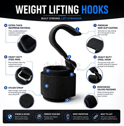 Pair of Heavy-Duty Weight Lifting Hooks with Wrist Straps