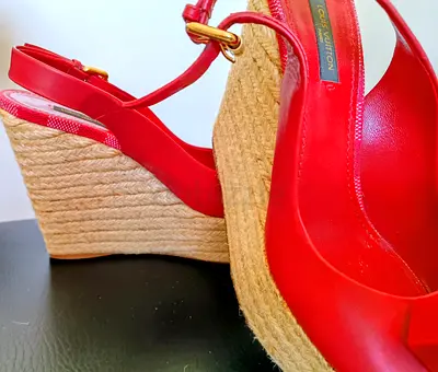 Louis Vuitton Red Leather Espadrille Wedge Sandals size 36.5