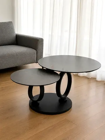 Modern Black Nested Round Coffee Tables — 2 rotated surfaces