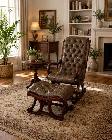 Antique-style Tufted Leather Recliner with Ottoman