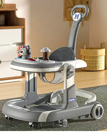 Gray Multi-Function Baby Walker with Play Tray and Push Handle