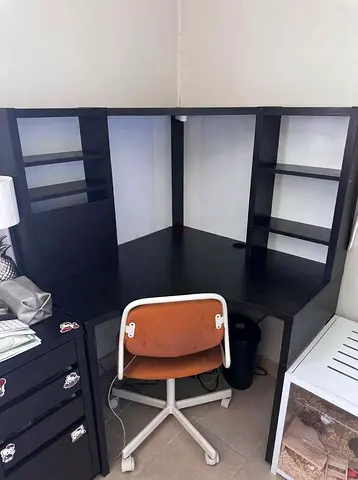 Black Corner Study Desk with Built-in Shelves