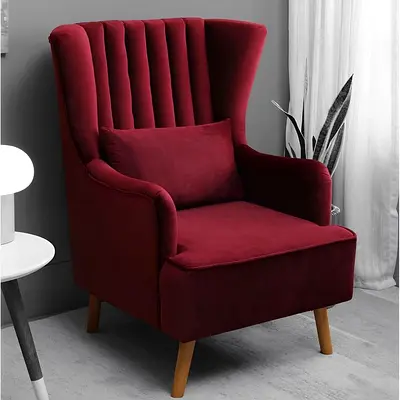 Burgundy Velvet Wingback Accent Armchair with Wooden Legs