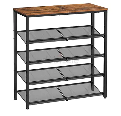 Metal Frame Shoe Rack with Wooden Top - 4-Tier Mesh Shelves