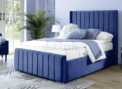 Blue King Size Velvet Upholstered Bed with Upholstered Headboard  Footboard