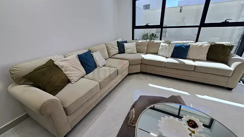 Large Cream L-Shaped Corner Sofa with Cushions - Great Condition