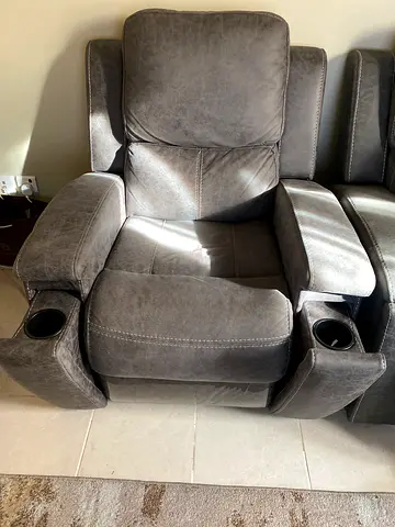 Gray Leather Recliner Sofa with Cup Holders - 1 Single Seater and 1 two seater