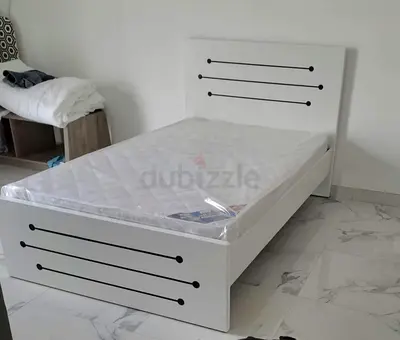 Double white wooden bed frame with mattress  120x190 cm