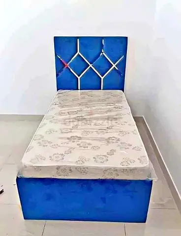 Blue Upholstered Single Bed with Mattress