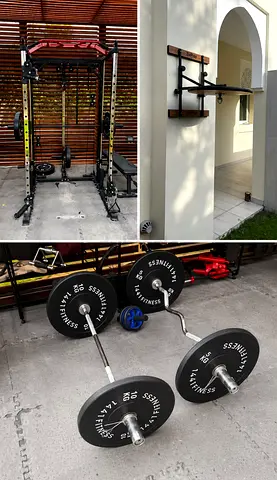 Home gym bundle: Power rack, barbells, plates and wall-mounted pull-up station