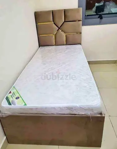 Modern Single Bed with Patterned Headboard and Mattress