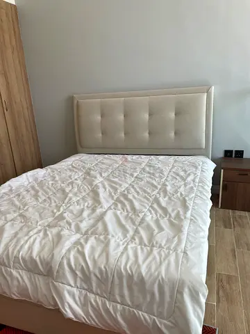 Queen size upholstered bed frame with headboard - beige