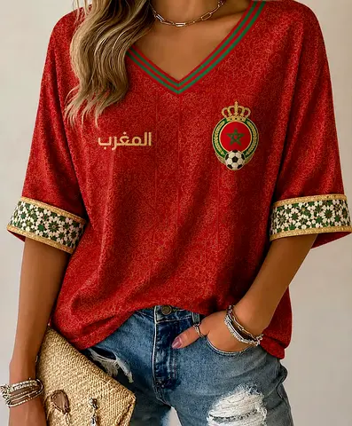 Casual Moroccan Football Crest V-neck Tee - Womens