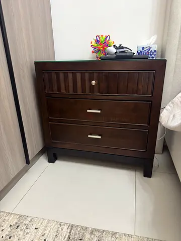 Solid Wood Nightstand / Bedside Cabinet - Dark Brown. Include glass tops. 2 available. 200 each