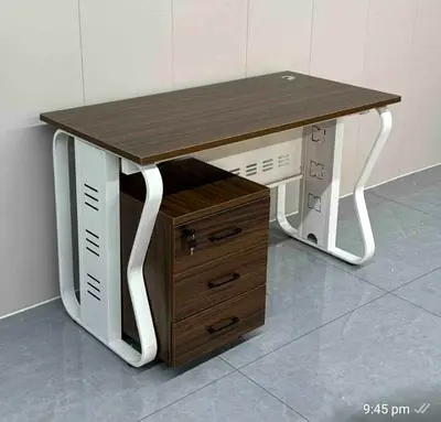 Modern Wooden Office Desk with Metal Frame and 3-Drawer Cabinet
