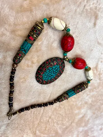 Handmade ethnic beaded statement necklace with turquoise and coral accents- statement piece