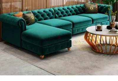 Green Velvet L-Shaped Chesterfield Sofa with Ottoman -