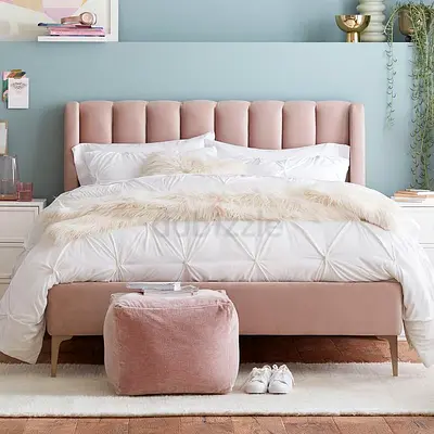 Pink Velvet Upholstered Bed Frame with Headboard - Queen Size